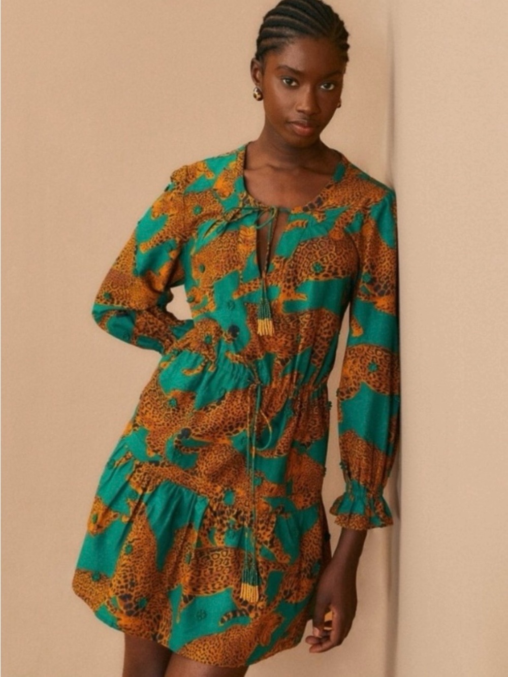 Anthropologie farm Rio artsy leopards Animal Print Long-Sleeve mini Dress large